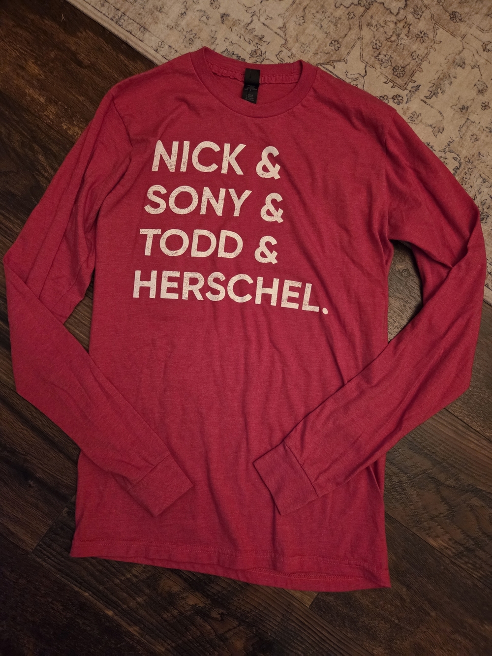 Tultex Red Long Sleeve Graphic Tee with White Text